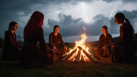 a mysterious gathering: five figures engaged in a fire ritual under dramatic lightning and dark clouds, capturing the essence of ancient traditions and connection to nature