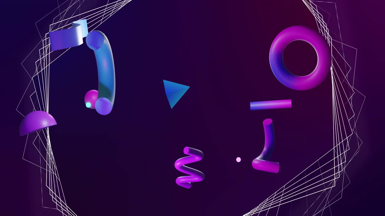 animación de la estructura de la red blanca con formas azules y púrpuras 3d que giran sobre un fondo oscuro