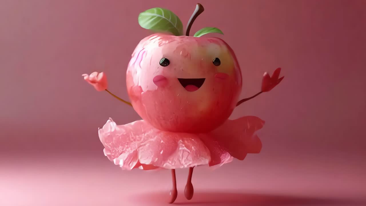 A cartoon apple is wearing a pink tutu and is smiling.