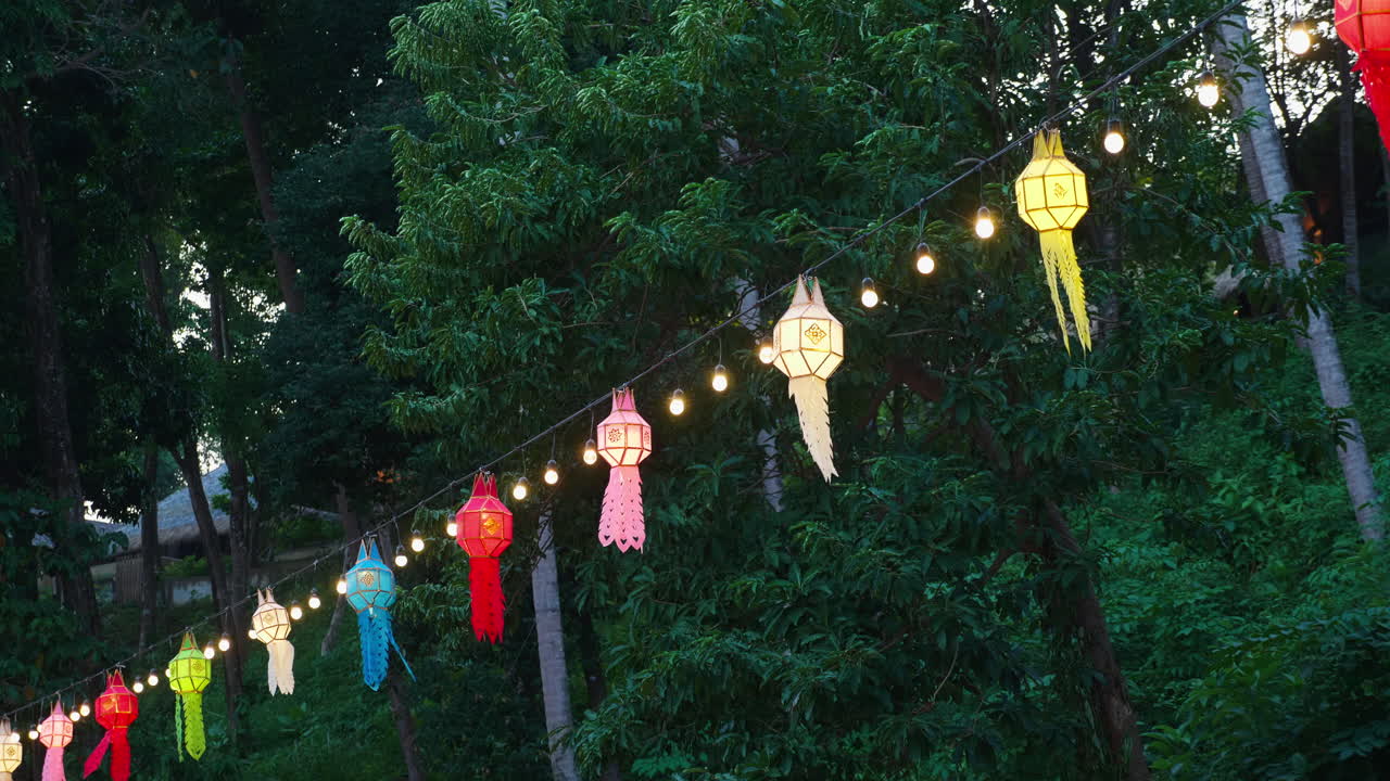 Colorful Paper Lanterns Hanging in a Forest at Night