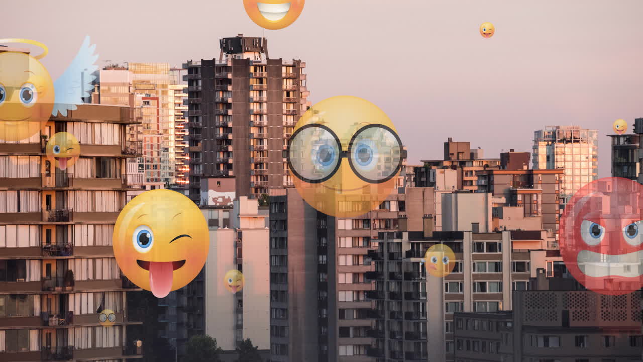 Animação de ícones de emoji voando para cima sobre a paisagem urbana
