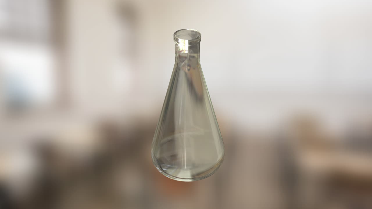 animación de una botella de vidrio de laboratorio girando sobre el fondo de la clase