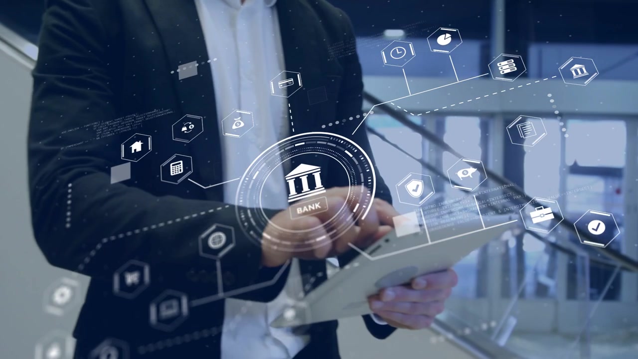 HUD appearing as camera panning, man in suit using tablet, HUD framing hands reviewing banking data