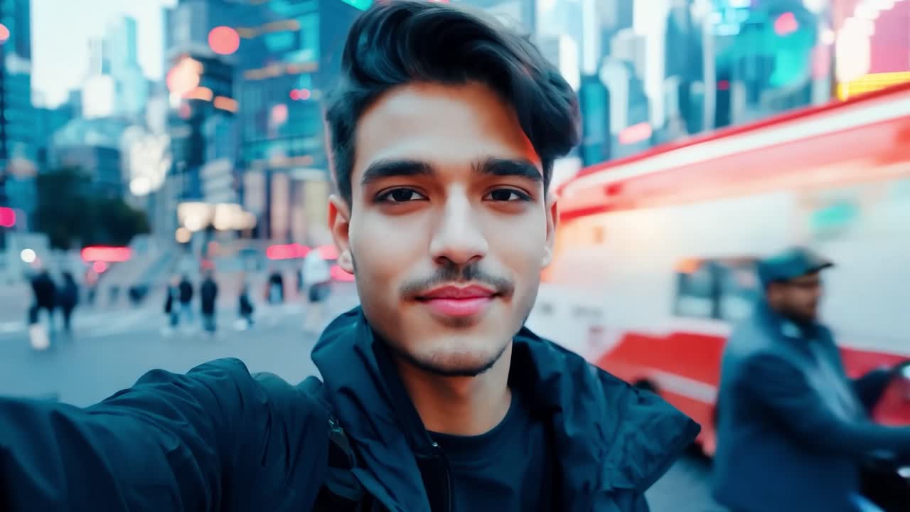 젊은 남자가 밤에 바쁜 도시 거리에서 셀피를 찍고 있다