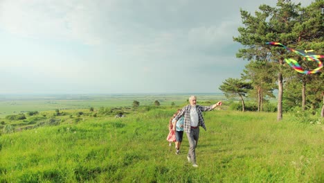 caucasian senior man running with his grandchildren in the park while they are flying a kite on a sunny day