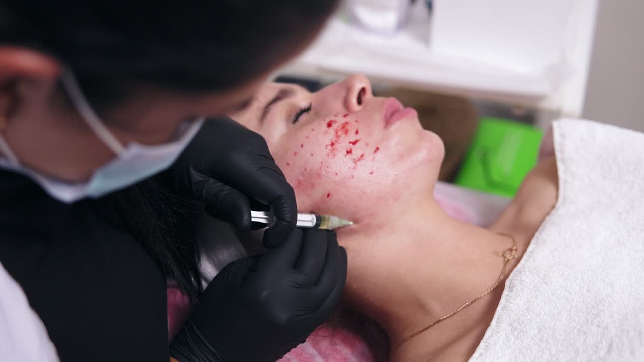 Anti-aging procedure: professional cosmetologist makes multiple injections in woman's face skin during mesotherapy