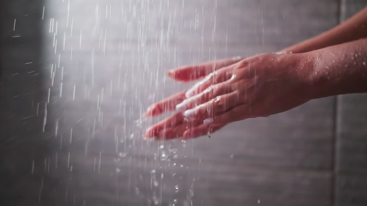 mujer se lava las manos con sprays de ducha en el baño de cerca. dama limpia las palmas con chorros de líquido transparente en el baño. rutina de cuidado de mimos y spa