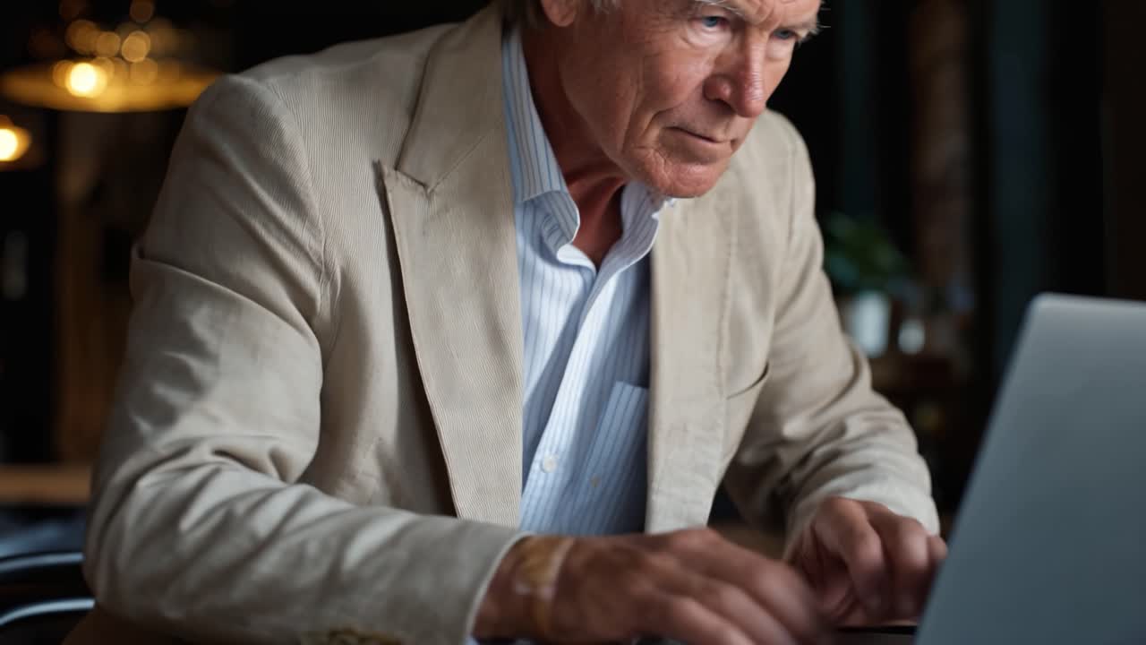 Uomo anziano in giacca leggera lavora al laptop. Espressione concentrata e pensierosa. L'illuminazione soffusa evidenzia la sua seria concentrazione. Ideale per concetti di business, pensione o lavoro a distanza