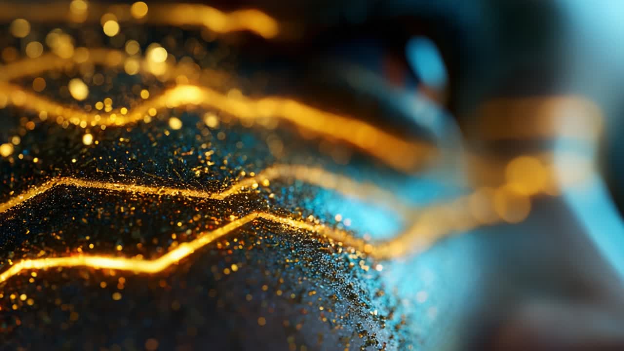 Esplorazione ravvicinata di un volto luccicante con motivi dorati e texture scintillante, che enfatizza tecniche di trucco artistiche dettagliate, catturando l'essenza della creatività e del colore nell'arte visiva