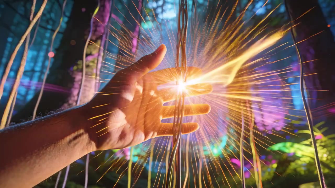 Uma mão nua alcança pela esquerda, roçando filamentos brilhantes em uma floresta neon, formando uma fita de luz.