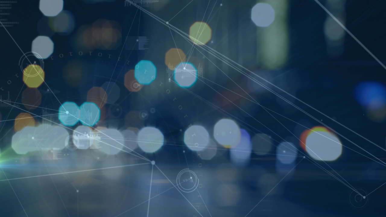 초점 밖의 도시 조명에 대한 연결 네트워크의 애니메이션