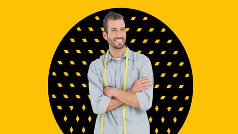 Animation-of-male-fashion-designer-smiling-over-yellow-background