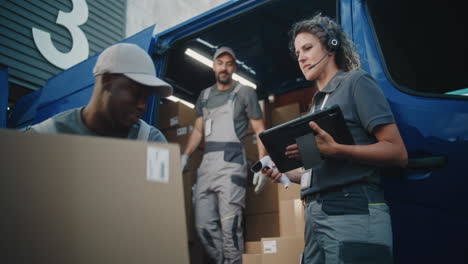 delivery team managing packages from a van with a digital tablet