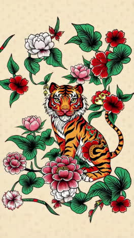 stylized tiger amidst vibrant asian flowers