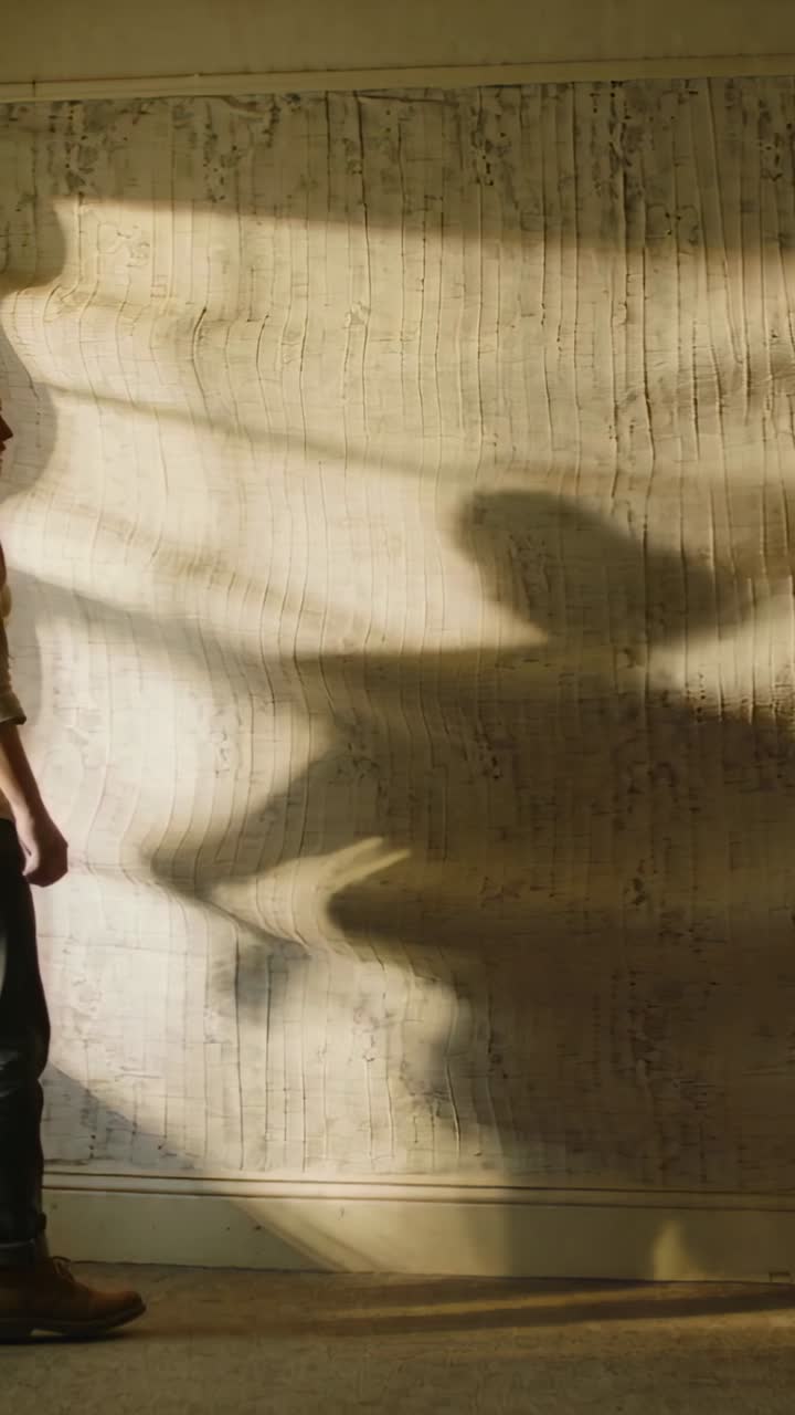 Vertical video: Walking man coming left, along wall inside room, casting shadows, shirt, copy space