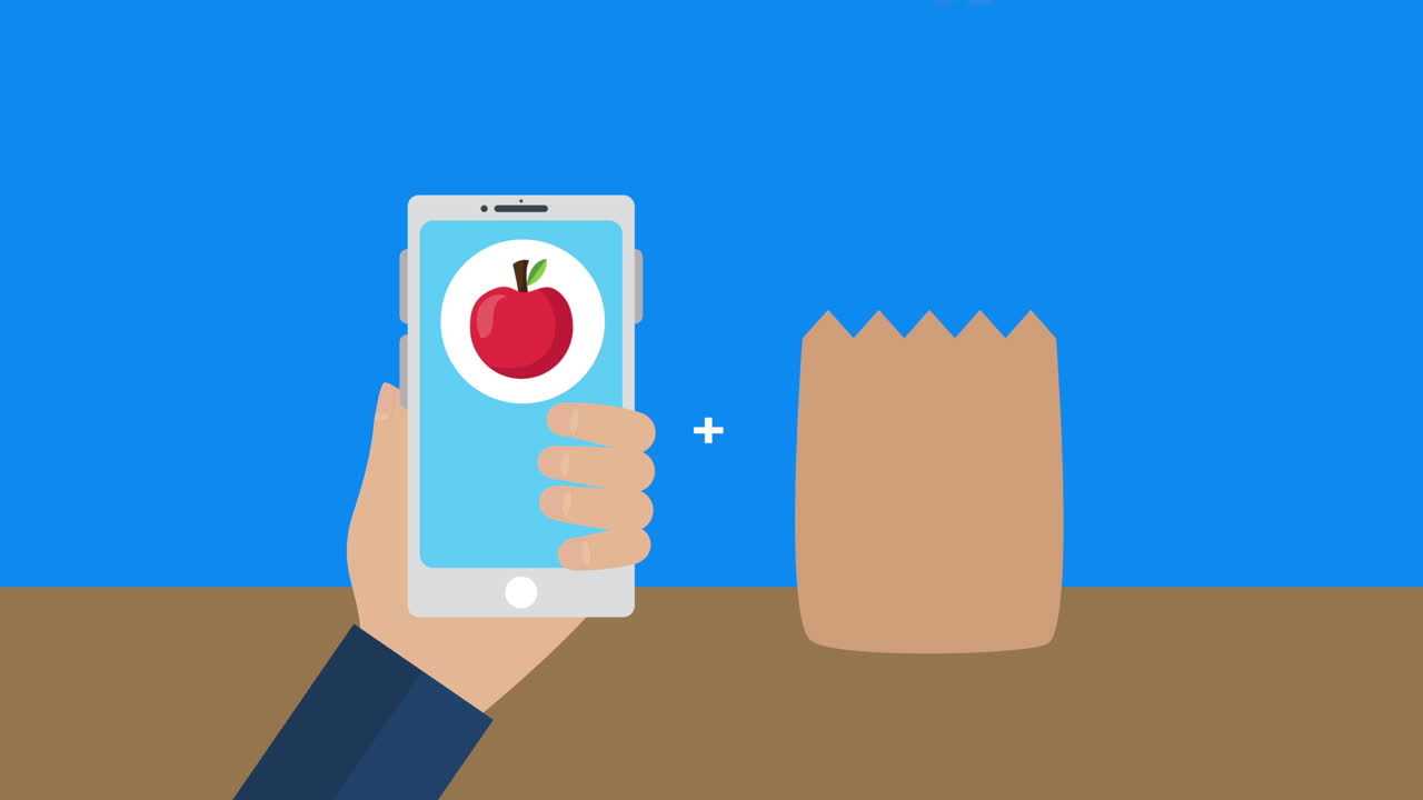 mano usando un teléfono inteligente con comida saludable en una bolsa de papel