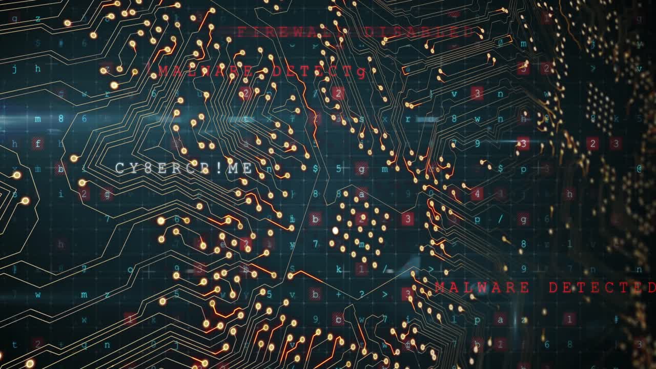 Animation of floating purple computer yellow and pink light over floating on black