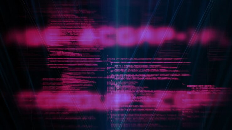 Pink code lines animation over dark background with blue light effects