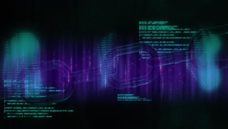 animación de la cadena de bloques y el lenguaje informático sobre ondas dinámicas contra un fondo negro
