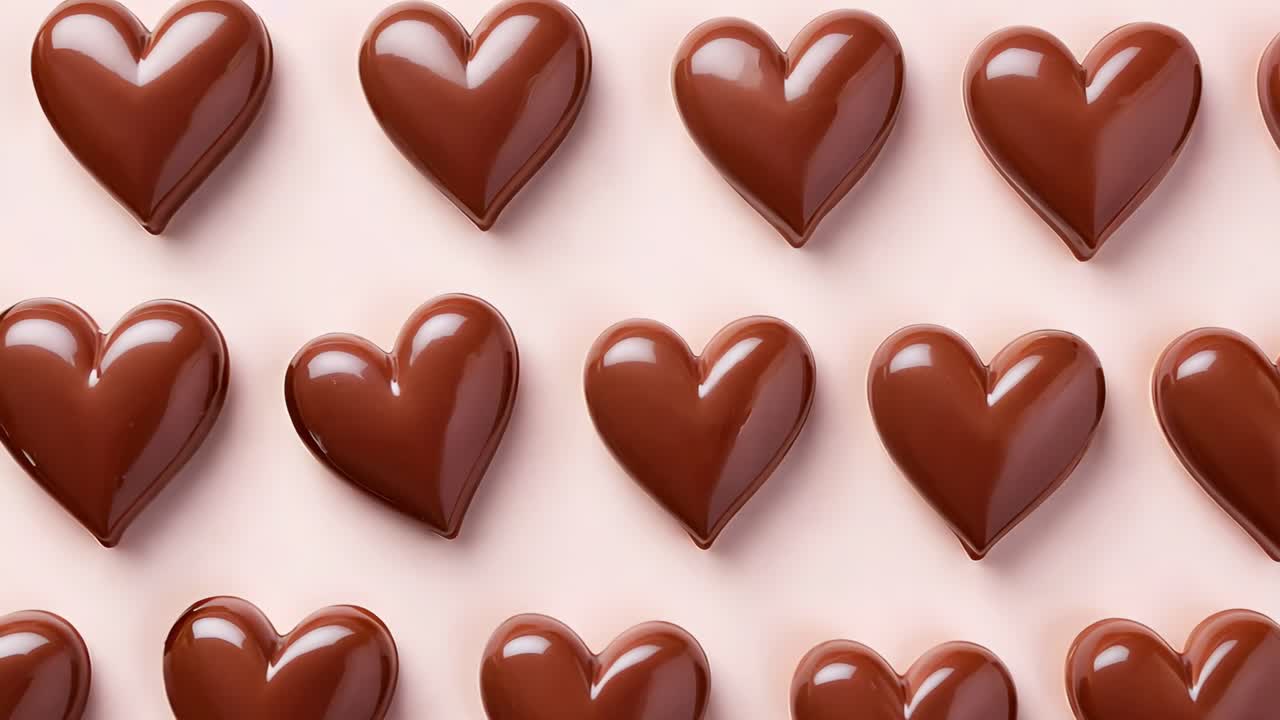 Meticulously arranged shiny chocolate hearts creating romantic pattern against soft pink backdrop, showcasing delicate confectionery design