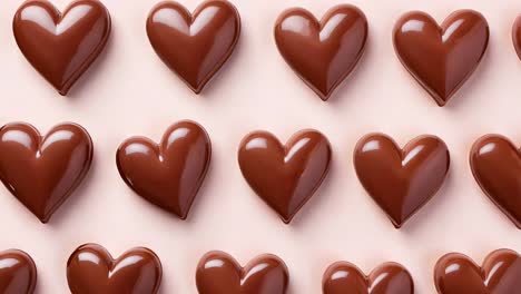 meticulously arranged shiny chocolate hearts creating romantic pattern against soft pink backdrop, showcasing delicate confectionery design