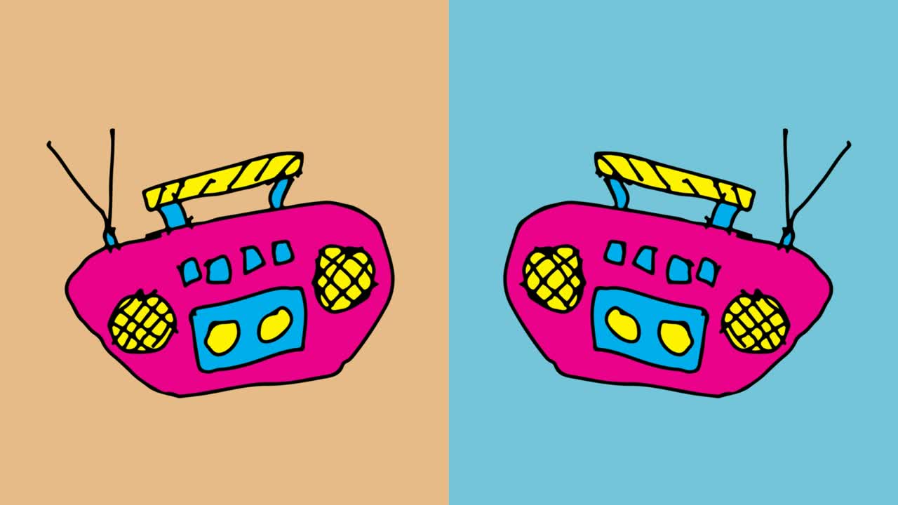 아이들이 테이프 레코더 테마로 팝 아트 시엄리스 배경을 그리고 있습니다.