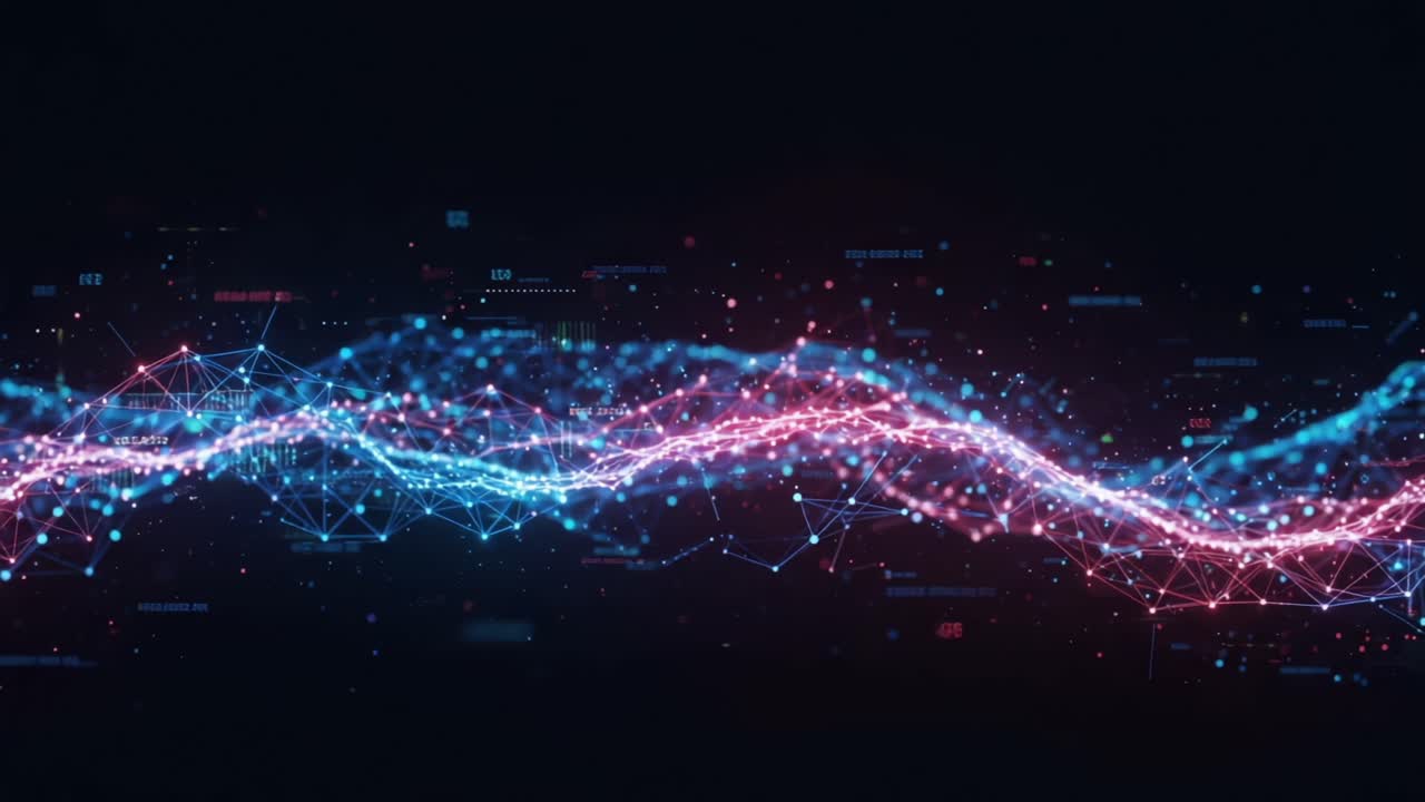 A Visual Representation of Dynamic Data Flow with Vibrant Blue and Pink Light Trails and Connecting Nodes Illustrating Complex Digital Networks