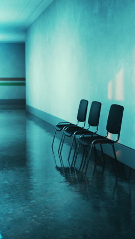 three empty chairs in a flooded hallway