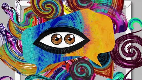 colorful abstract art with eyes and speech bubble