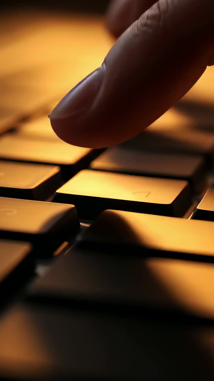 Vertical video: Hovering right fingertip then pressing laptop keys at desk typing with amber glow