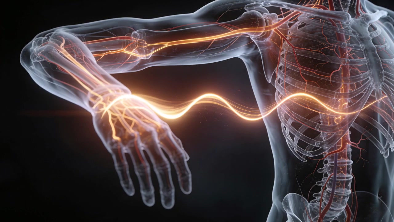 Glowing ribbon starting torso left-arm model sending neural pulse to hand in lab demo for teaching