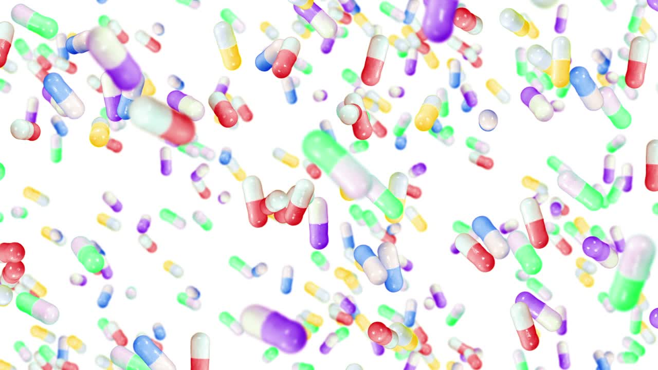 Muitas cápsulas médicas voando em fundo branco. Conceito de medicina e farmacêutica. Animação 3D de cápsula de pílula colorida girando. Animação em loop
