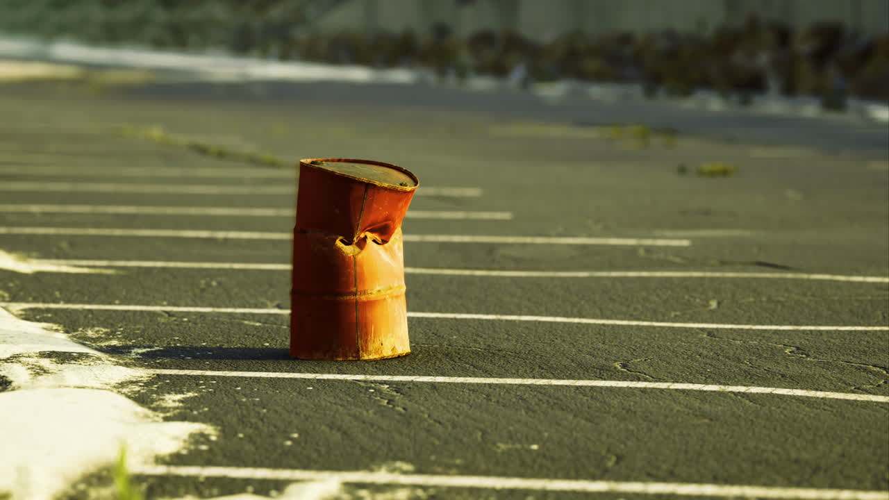 은 파란 하늘 아래 빈 주차장에서 녹슬은 배럴