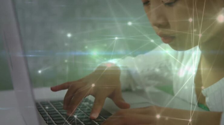 Animation of network of connections over schoolgirl using computer