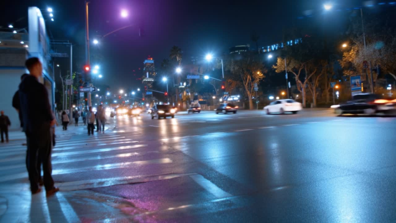 Un vivace incrocio urbano di notte con veicoli in movimento e pedoni, che cattura l'atmosfera elettrica della vita cittadina in movimento tra luci intense.