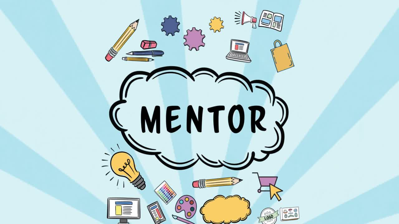 animación del texto del mentor y los útiles escolares sobre un fondo azul