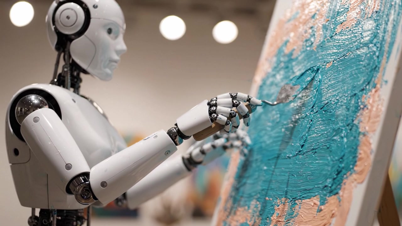 Innovativ robotkunstner skaber et mesterværk på lærred med en paletkniv, der fremviser skæringspunktet mellem teknologi og kreativitet i kunstens udvikling