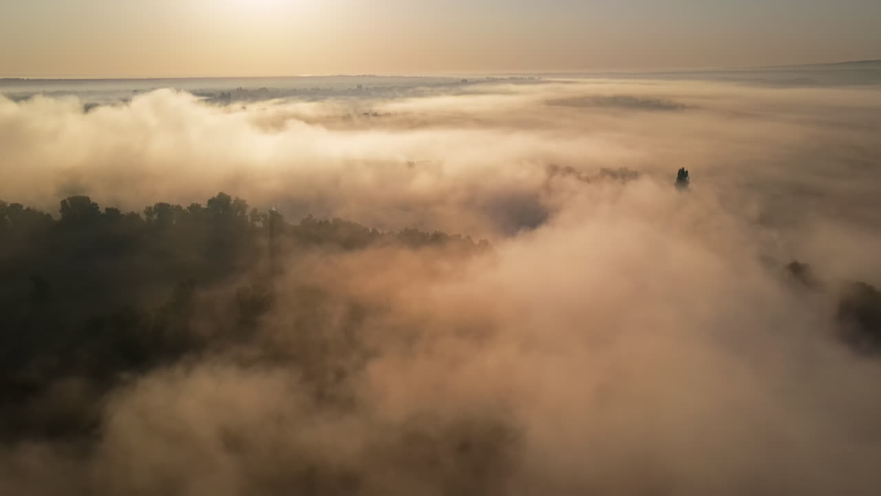 Aerial drone view of nature of Moldova at sunset. River and lush fog above it, greenery