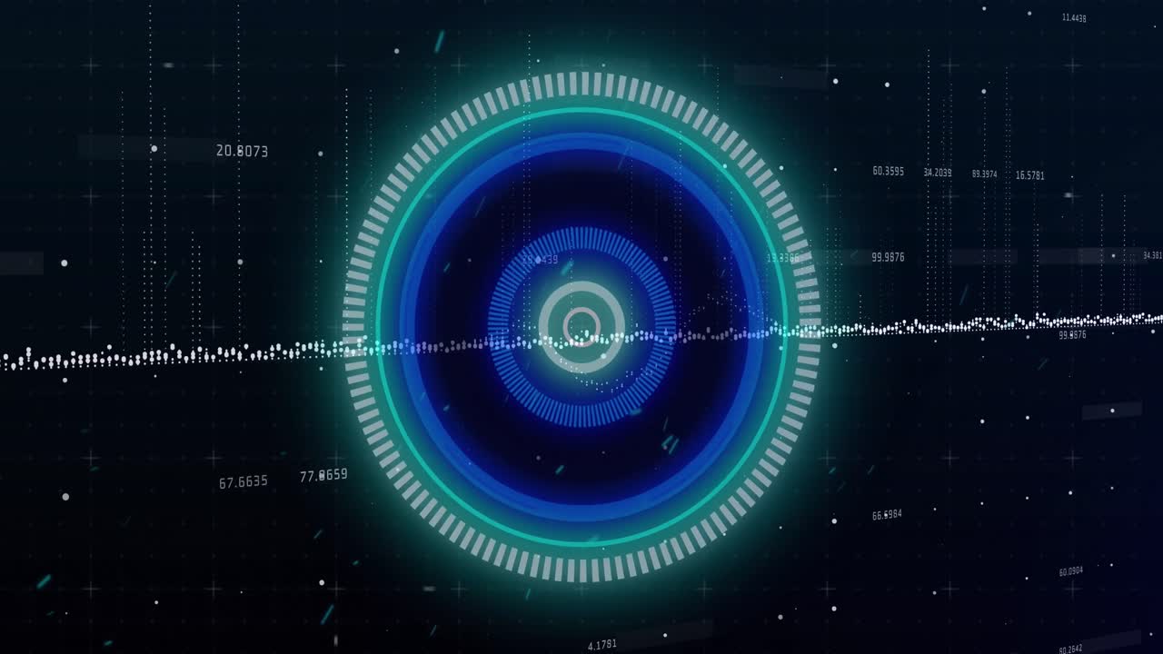 검은 바탕에 네온 둥근 스캐너를 통해 데이터 처리 및 색 입자의 애니메이션