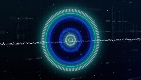 animation of data processing and white particles over neon round scanner against black background