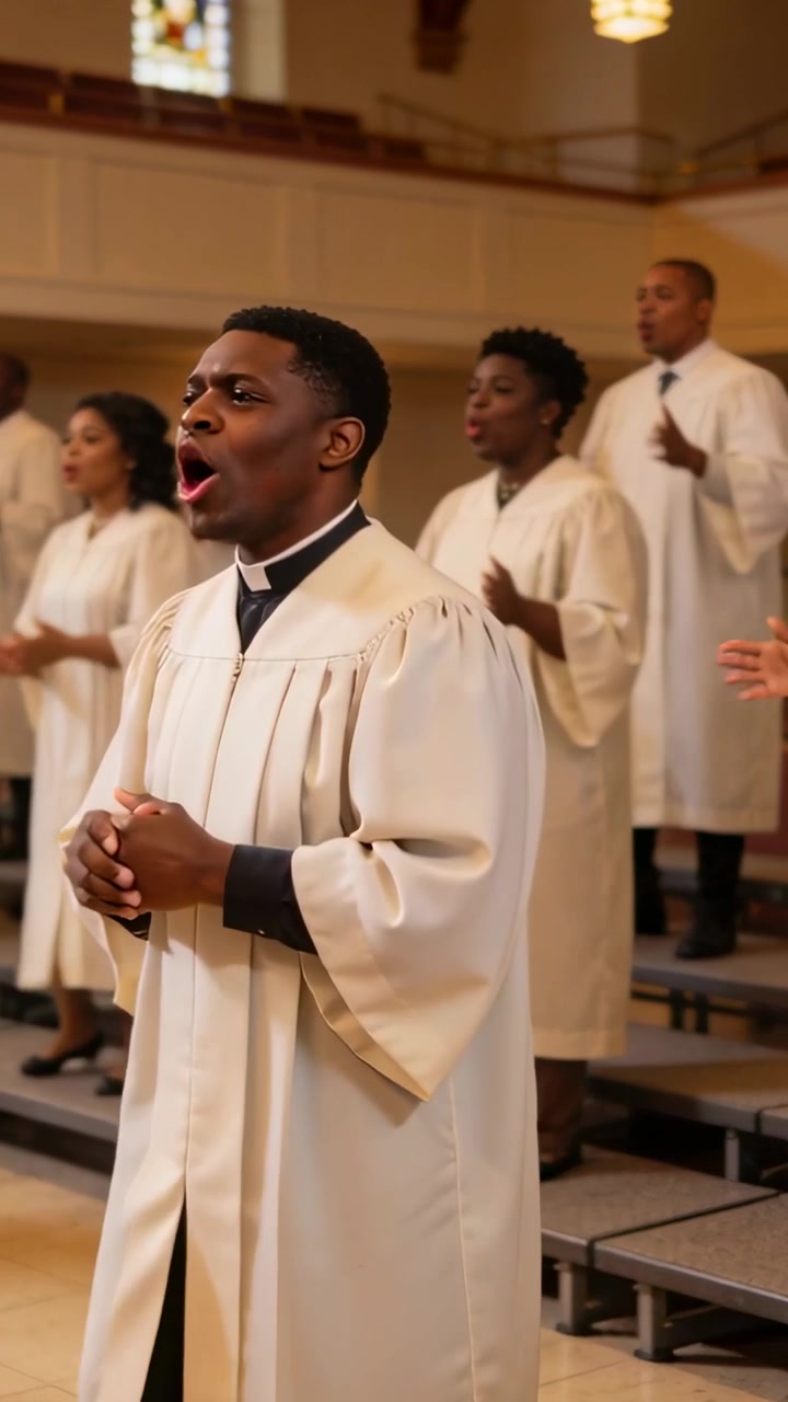 Vertical video: Opening clap starting lead singer singing and leading worship in church, with robes