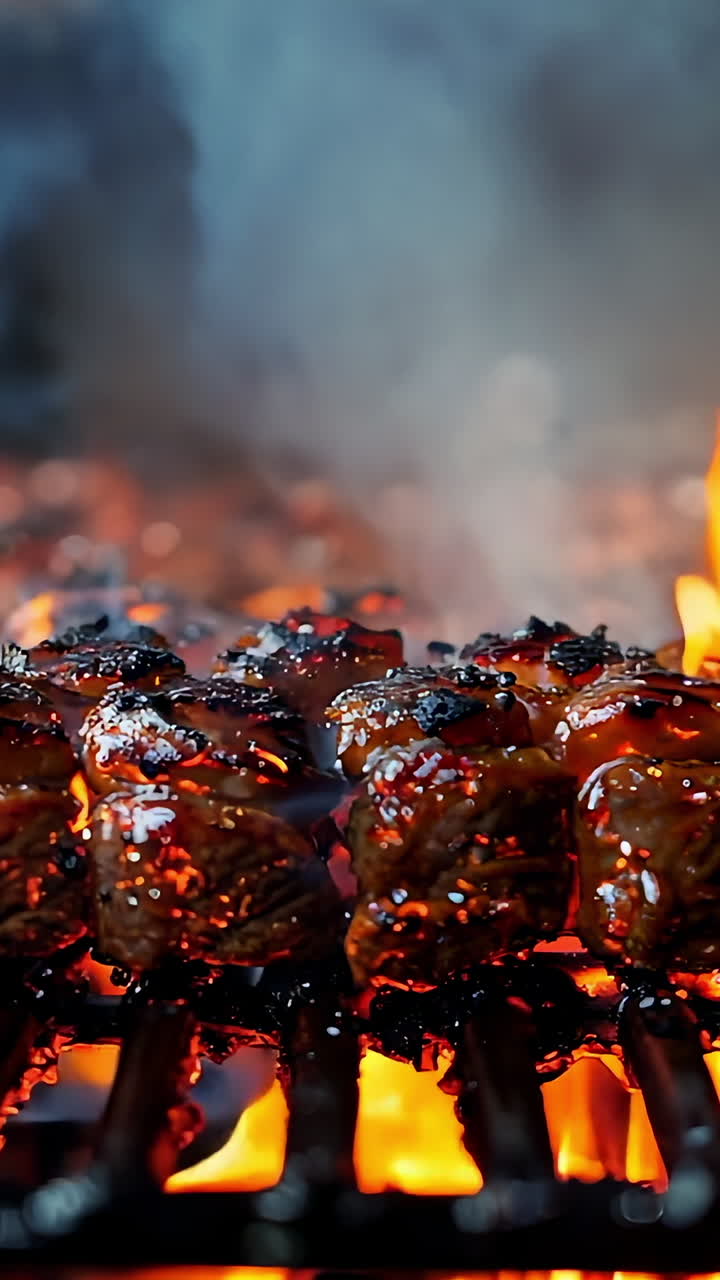 Grilling Juicy Steaks Over Open Flames at a Summer Barbecue. Sizzling steaks cook perfectly over an open flame, surrounded by a vibrant summer atmosphere with smoke and glowing embers.