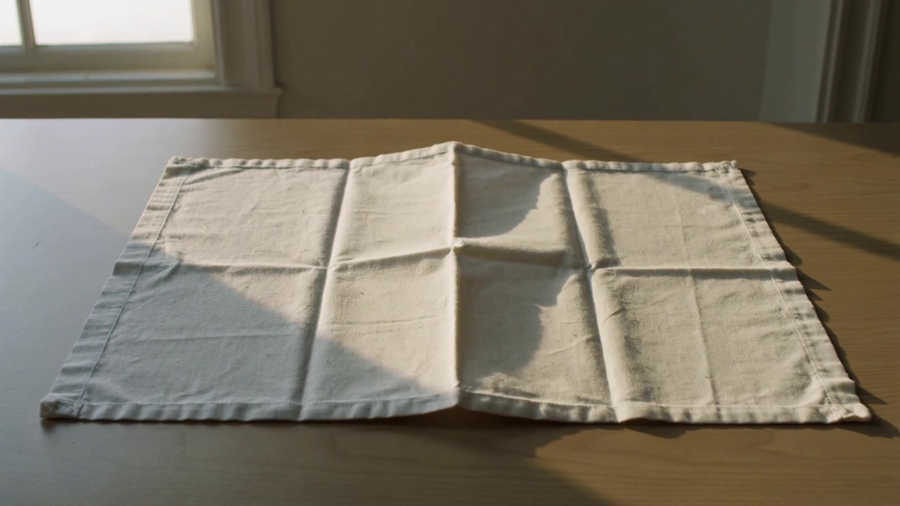 Lægger råhvidt stof med syet kant, fold folder sig ud på træbord ved vindue, viser folder