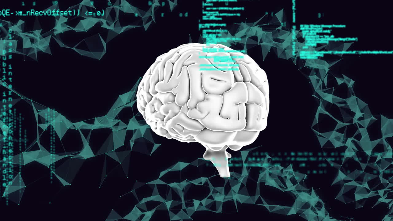 검은색 배경에서 데이터 처리를 통해 디지털 뇌와 연결 네트워크의 애니메이션