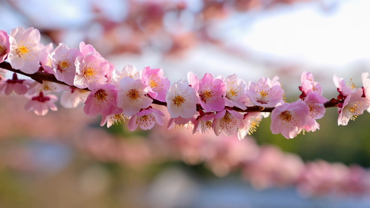 Pink Cherry Blossoms On Branch, Closeup With Soft Bokeh Background, Delicate Petals And Golden Stamens