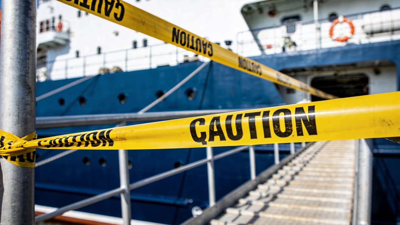 Shifting camera bringing yellow CAUTION tape into center at pier, blocking gangway access