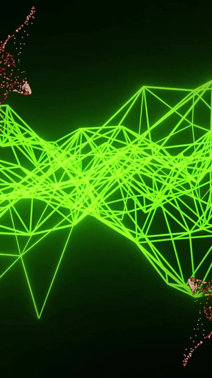 Green geometric network animation over abstract red particles on dark background