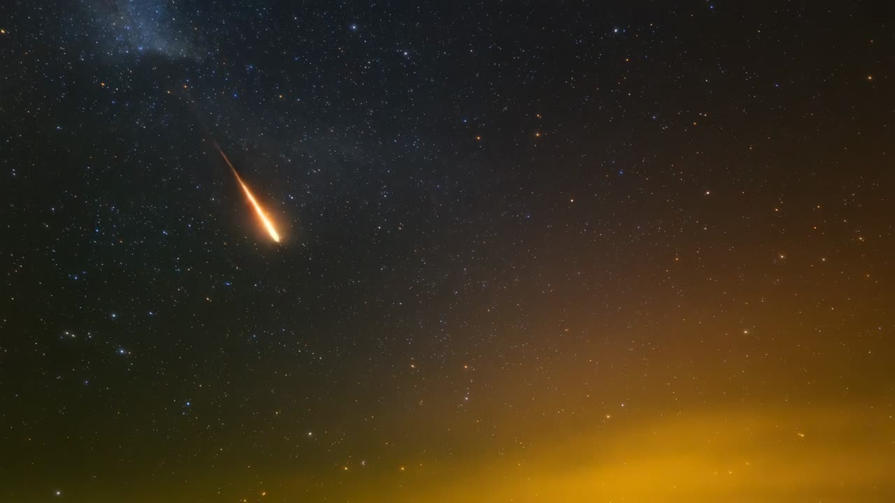 Entering atmosphere meteor streak glowing across starry night sky, fragmenting into fiery fragments
