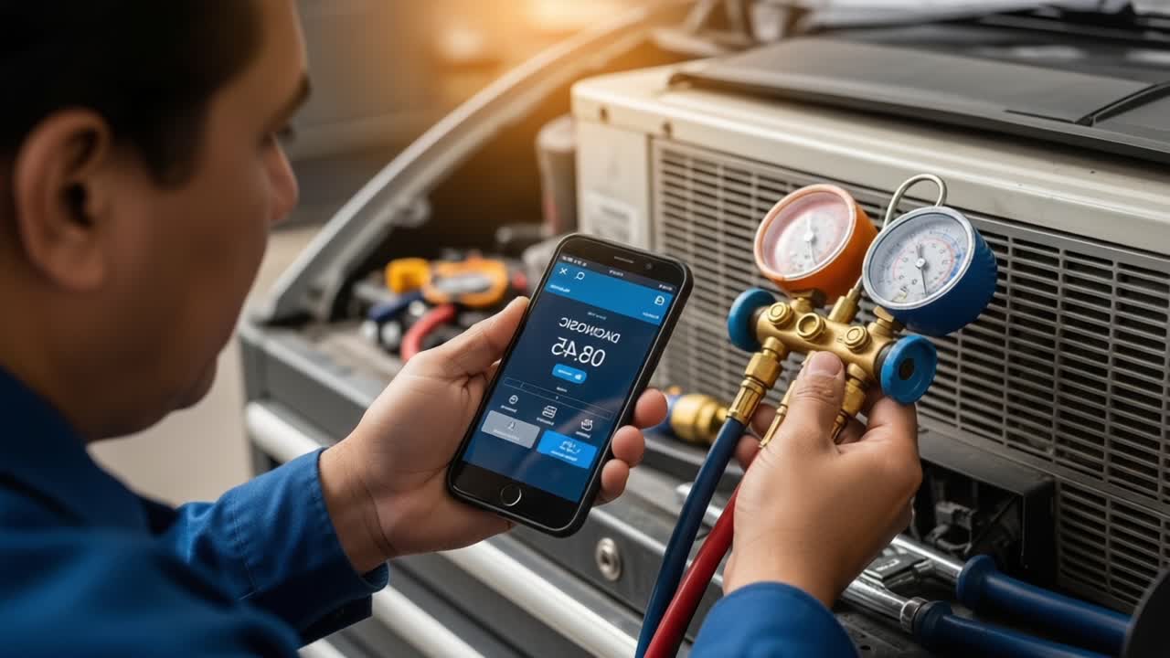 A technician monitors refrigeration pressures using a smartphone connected to gauges, ensuring optimal performance in HVAC systems with accurate readings and modern technology