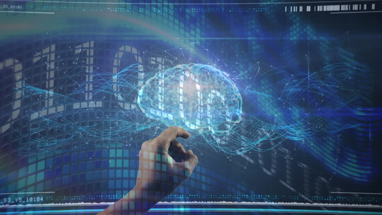 Animation of binary coding over human finger touching digital brain